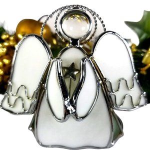 Christmas Angel Tea light Holder Vintage White Stain Glass & Polished Chrome